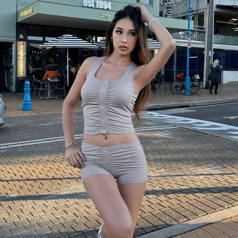 Kf-Sc50Dd8C9Bf364E5F97086Fc441E5D652B Graceful Gray Halter Lace-Up Pleated Summer Set Women