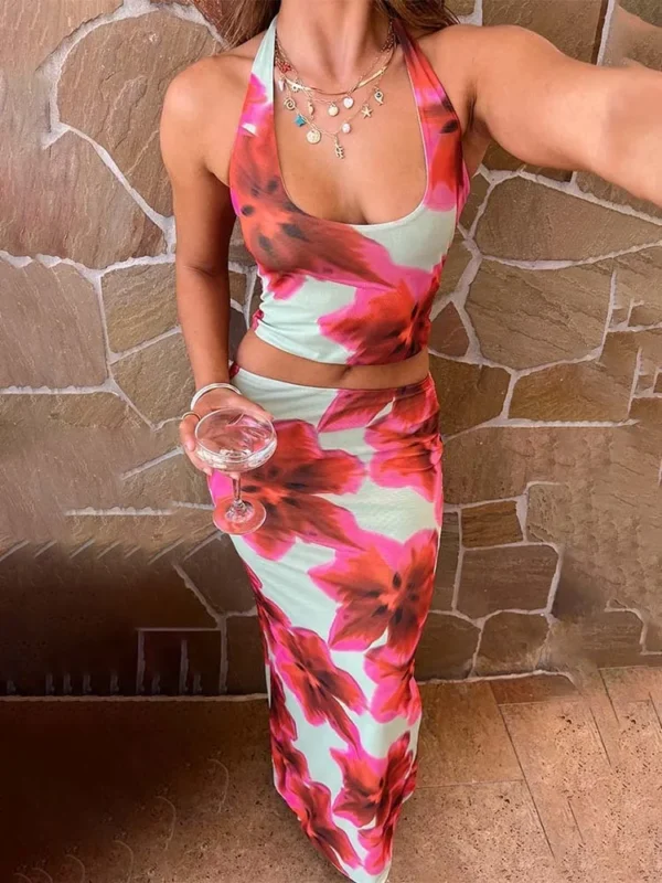 Floral Elegance Two-Piece Summer Set: Chic Halter & Skirt