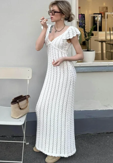 Ruffled V-Neck Knitted Maxi Dress Sleeveless Summer Vacation