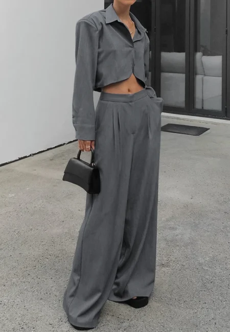 Premium Gray Wide Leg Trouser Set - Professional Office Wear