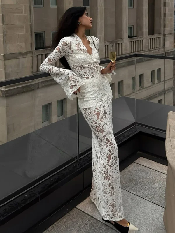 Elegant Hollow-Out Lace Long Dress for Women - Timeless Chic