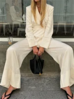 Elegant Apricot Two-Piece Set: Satin V-Neck & Wide Leg Trousers - Image 4