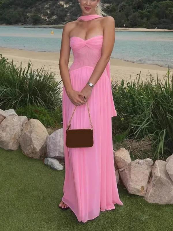 Moopsi 29 Elegant Pink Ribbon Strapless Long Dress for Summer Soirées