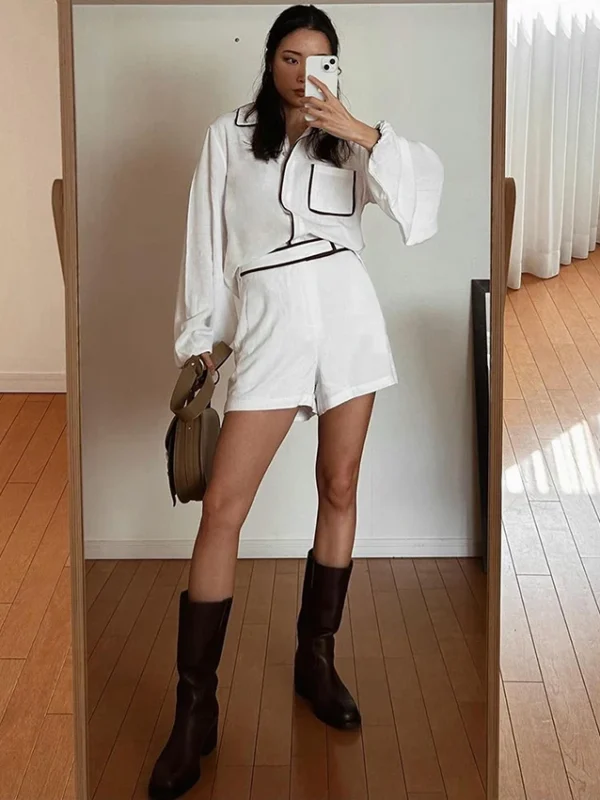 Effortless Chic: White Cotton-Linen Shorts & Blouse Set