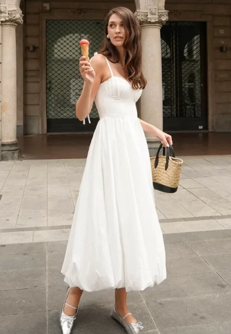 Elegant White Spaghetti Strap Dress for Resort & Evening Wear
