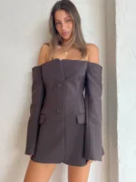 Elegant Off-Shoulder Button Dress - Yellow Mini for Summer Chic - Image 4