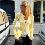 Chic Women's Knit Shorts Set with Cardigan & Lace Detail - Image 2