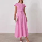 Chic Pink Two-Piece A-Line Skirt & Button Top Set for Women - Image 5