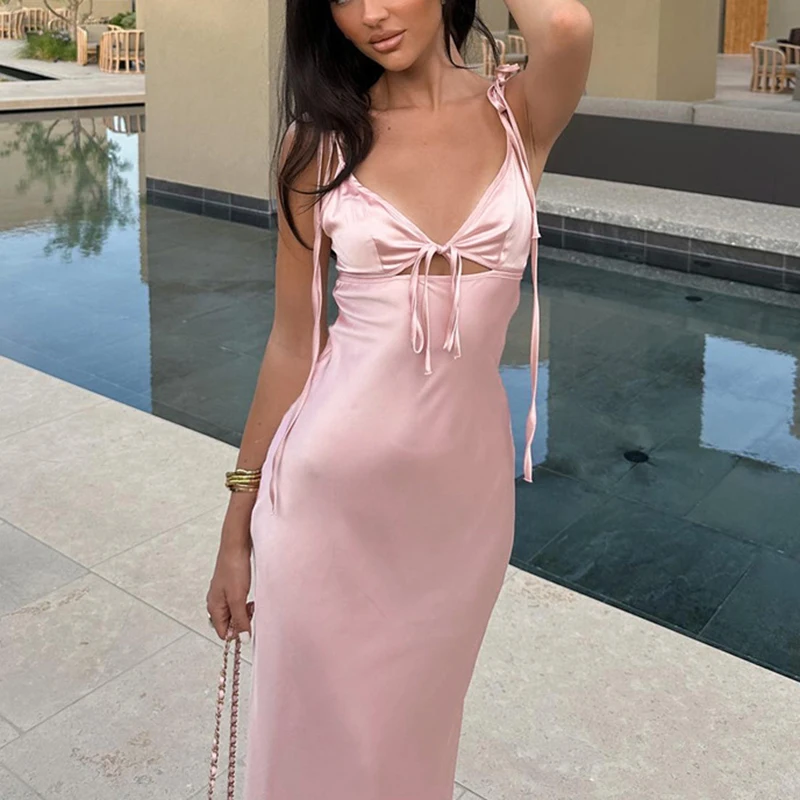 kf-Sd9bd1bfcb7384c12b8e075999dd56d91v Enchanting Pink V-Neck Lace-Up Dress for Summer Elegance