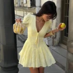 Sunshine Yellow High Waist Mini Dress with Lace-Up V-Neck - Image 4