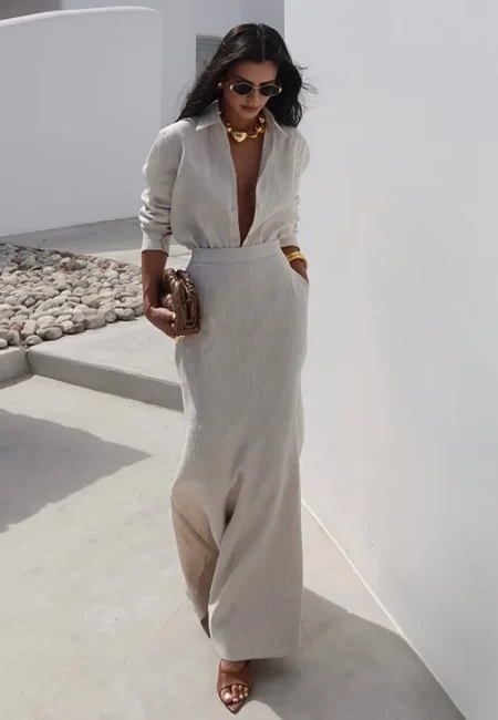 Professional Gray Broadcloth Blouse & Ankle Skirt Suit Set