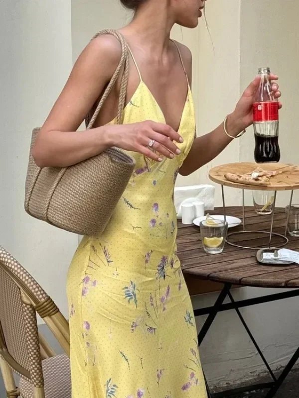 Vibrant Yellow Deep V Backless Maxi Dress for Effortless Elegance