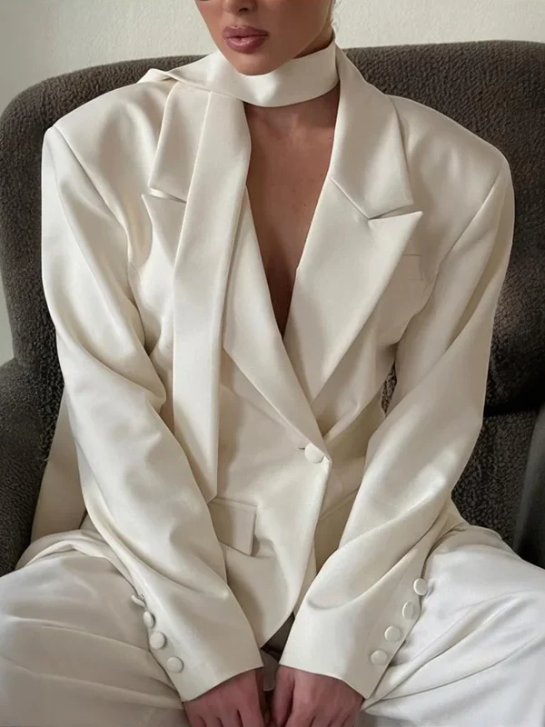 Ribbon Waist-Cinching Blazer Women's Lapel V Neck Long Sleeve Buttons Jacket Female Fashion Lady Office Formal Chic Coat