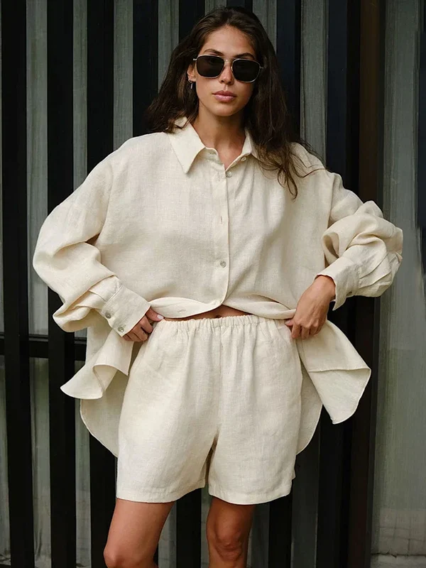 Chic Summer Cotton 2-Piece Shirt & Shorts Set for Women