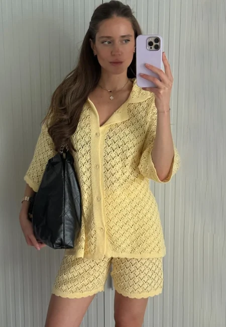 Sunny Yellow Knit Cardigan Shorts Set - Beach Vacation Outfit