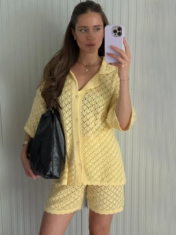 Chic Yellow Knit Shorts Set for Effortless Summer Style