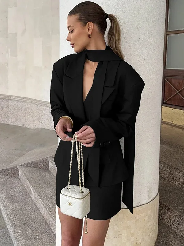 Moopsi Ribbon Waist-closing Blazer Coat For Women Elegant  Commuter Jacket Short Suit  Autumn Winter New Long Sleeve