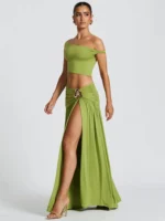 Chic Two-Piece Dress Set: Skew Collar Crop & Pleated Skirt - Image 3