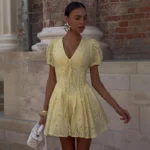 Sunshine Yellow High Waist Mini Dress with Lace-Up V-Neck - Image 2