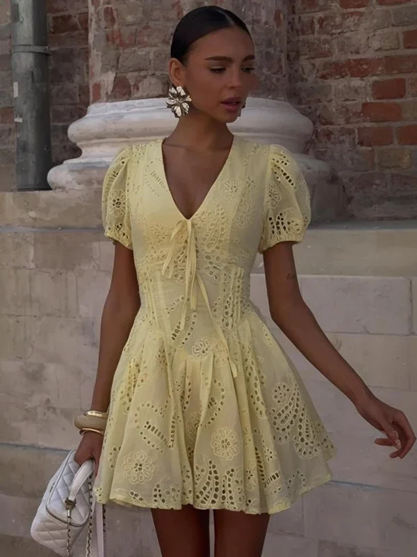 Sunshine Yellow High Waist Mini Dress with Lace-Up V-Neck