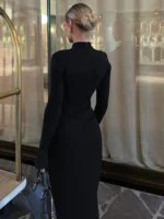 Elegant Half Turtleneck Maxi Dress with Chic Back Slit - Image 4