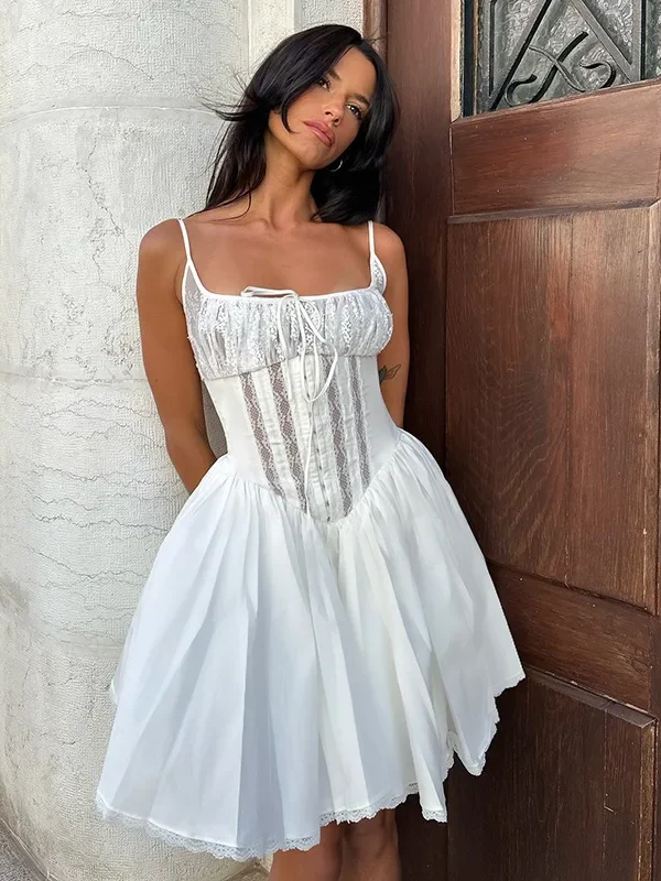 MoopsiLace Splice Sling Dress For Women Square Collar Fishbone  A-line Mini Dress Elegant French Ball Gown Dress Female
