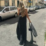 Elegant Black Polka Dot V-Neck Long Dress for Stylish Women - Image 4