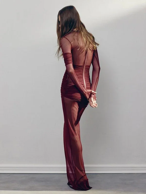 Elegant Pleated Long Dress with Mesh Detailing for Women