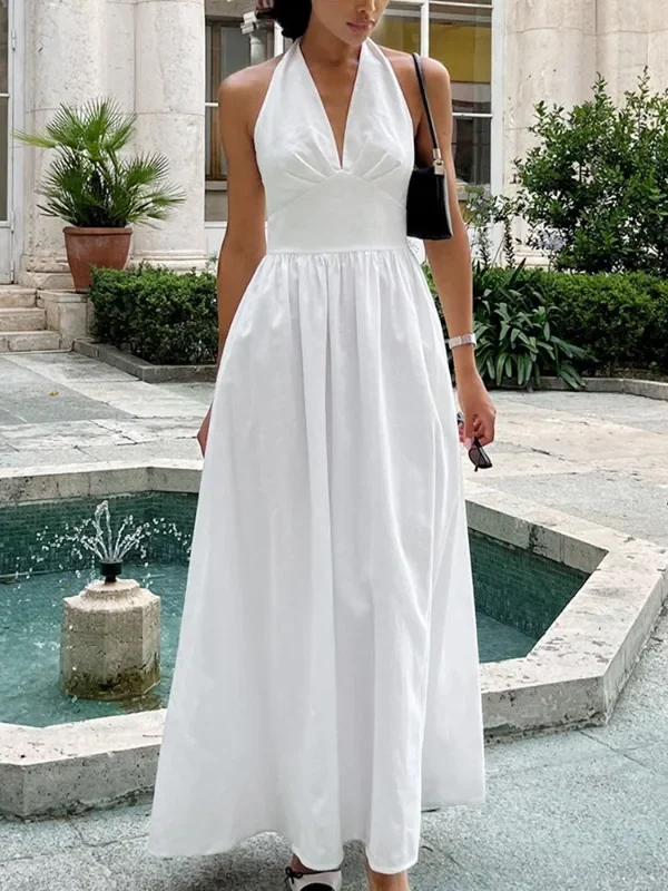 Elegant V-Neck Backless Dress for Beach Holidays & Casual Outings