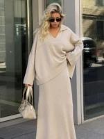 Chic V-Neck Knit Sweater & High-Waist Skirt Set for Fall - Image 2