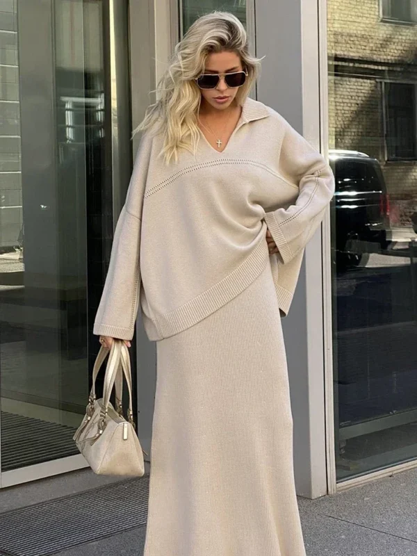 Chic V-Neck Knit Sweater & High-Waist Skirt Set for Fall