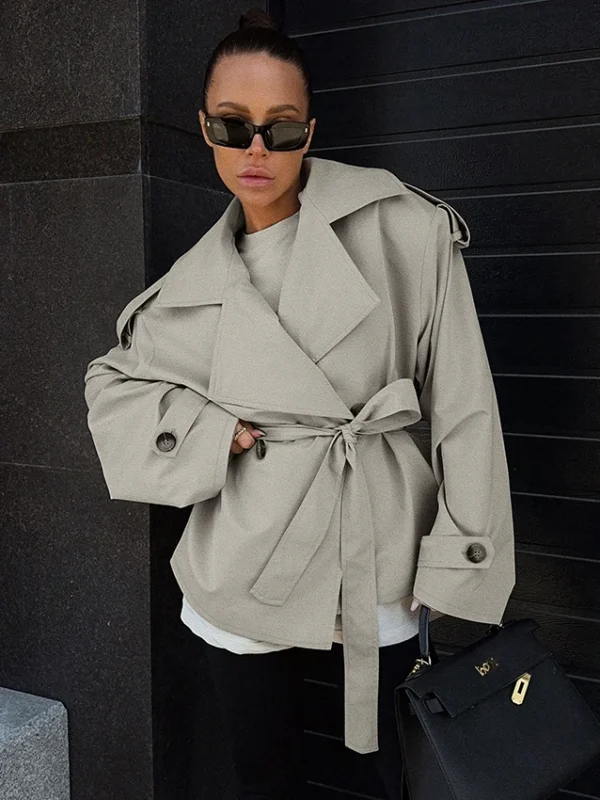 Linad Street Chic Light Khaki Jackets Office Patchwork Button Coat For Woman  Autumn Lace Up Tops Safari Style Outerwear