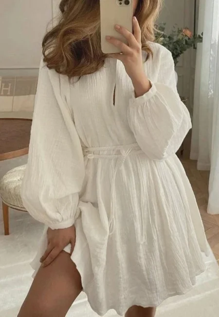 Elegant A-Line White Dress with Lace-Up V-Neck Detail