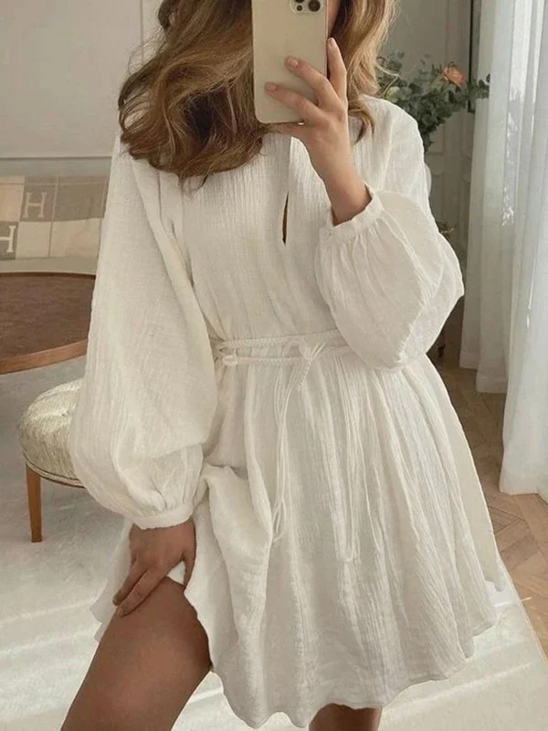 MoopsiCasual White Long Sleeve Dress Female Cotton A-line Short Dress Loose V Neck Lace Up Office Lady Outfits High Waist New