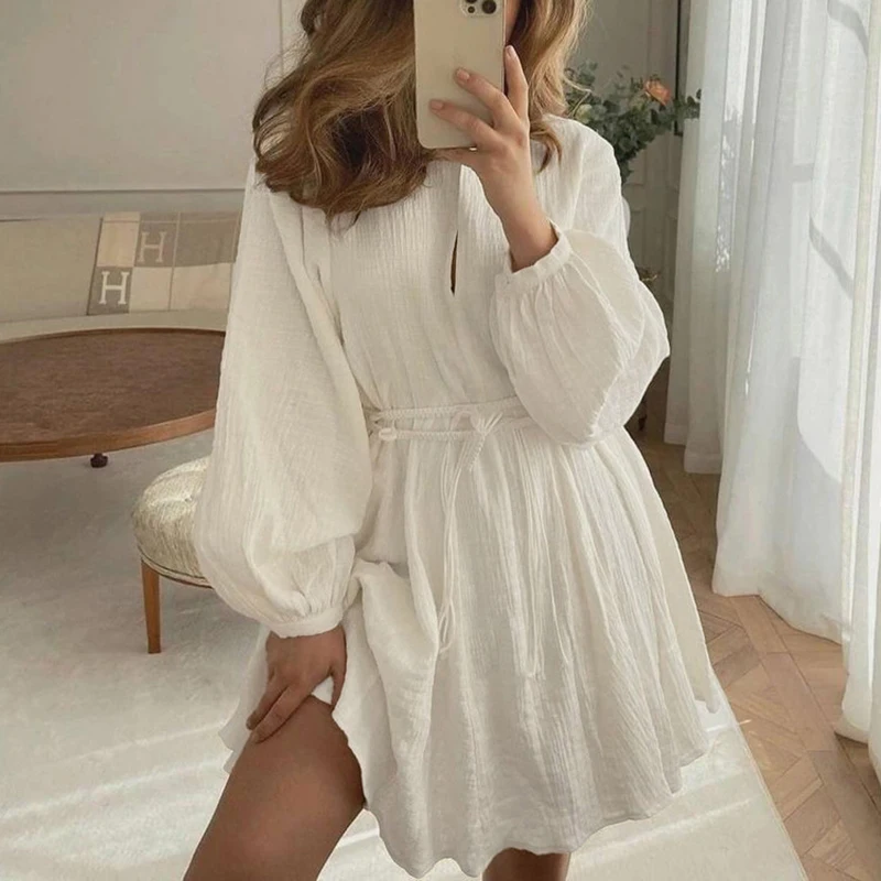 kf-Sef74e1e8436e4aebbbef71afad424165v Elegant A-Line White Dress with Lace-Up V-Neck Detail