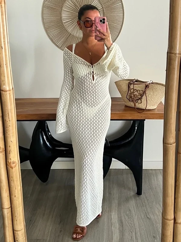 Moopsi New Crochet Beach Maxi Dress Women's  Knitted Hollow Bikini Swimsuit Cover-Up Sun Protection Dress See Through