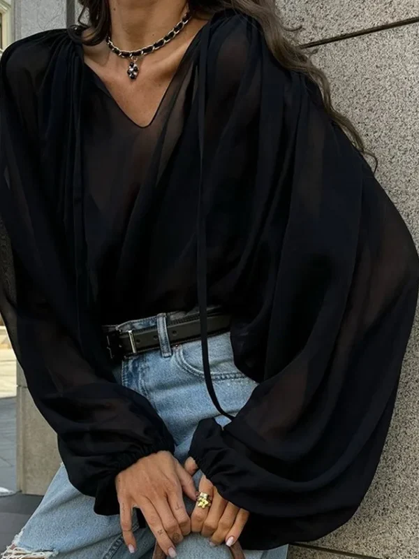 Moopsi  Black Lace Up Shirt Women's Summer V Neck Mesh Long Sleeve Top Blouses Fashion Loose Casual Pullover Women Shirt