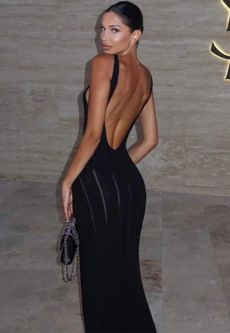 Backless Knit Maxi Dress for Women - Elegant V-Neck Style