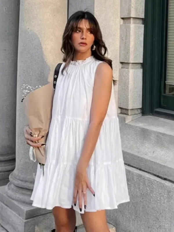 Moopsi White Lace-up Mini Dress Women Summer Casual Loose Pleated Short Dress Commuter Sleeveless Patchwork Round Neck Dress