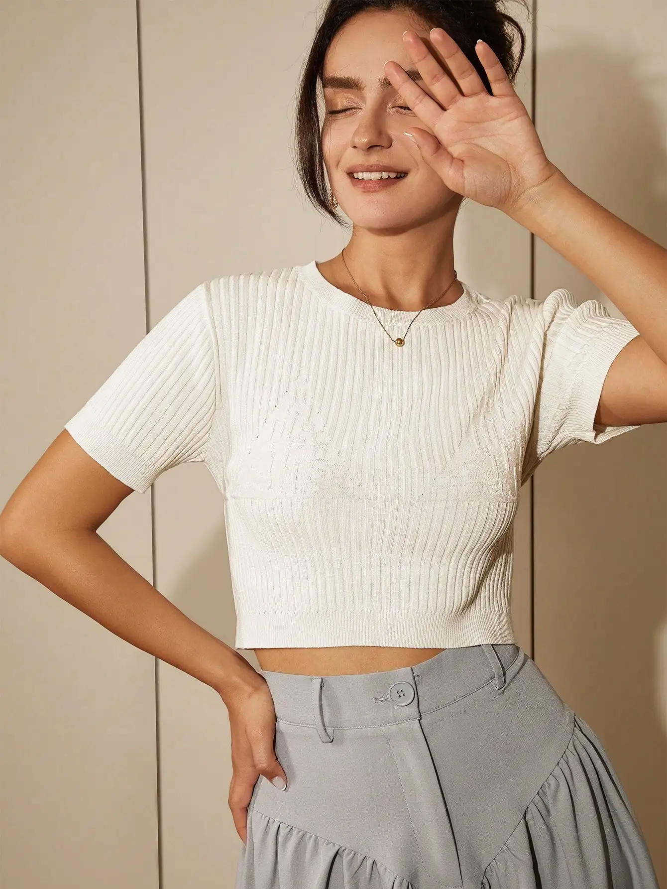 kf-Sf212ebcfcc67486e98cce40fa83b218aK Premium White Knitted Crop Top - Office Ready Summer Blouse