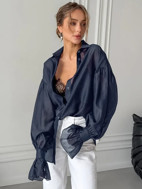 Moopsi Commuting Long Sleeve Shirt Female  See Through Flare Sleeve Casual Loose Blouses Lapel Buttons Shirt Summer Fashion