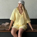 Chic Yellow Knit Shorts Set for Effortless Summer Style - Image 4