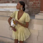 Sunshine Yellow High Waist Mini Dress with Lace-Up V-Neck