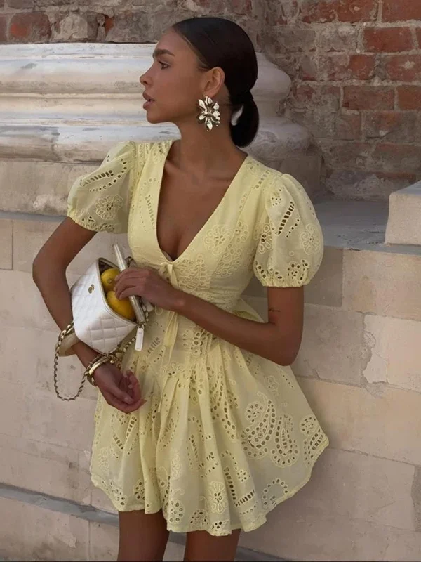 Sunshine Yellow High Waist Mini Dress with Lace-Up V-Neck