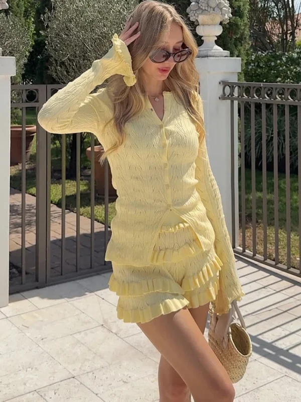 Chic Knit Cardigan Two-Piece Set: Elegant Ruffle Shorts & Top