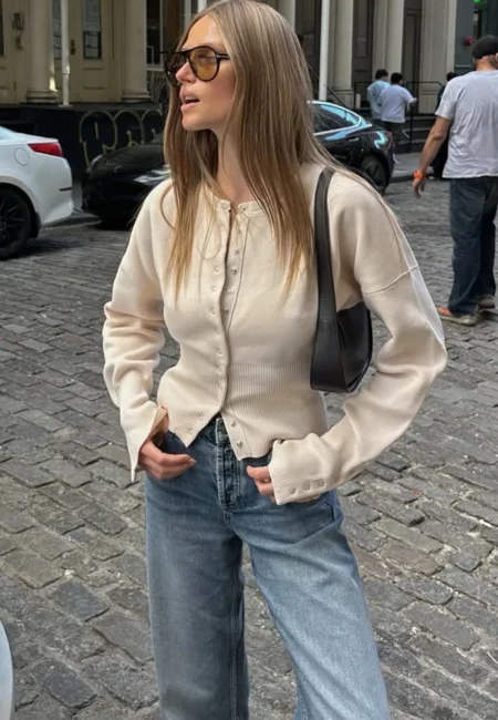 Luxe High Waist Button Cardigan - Autumn Stretch Sweater Top