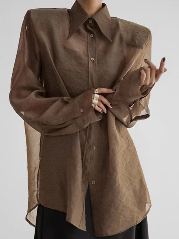 Moopsi Women's Loose See Through Long Sleeve Shirt Lapel  Fashion Female  Mesh Splice Blouse Top Spring New Solid Color