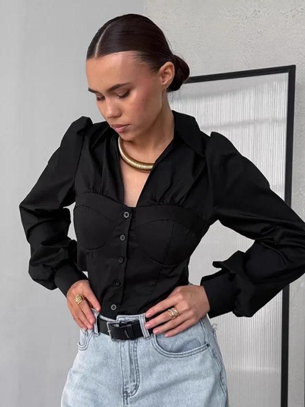 Moopsi Commuting White Bubble Sleeve Shirt For Women Lapel  Single Breasted Blouses Female  Autumn Fashion Short Top