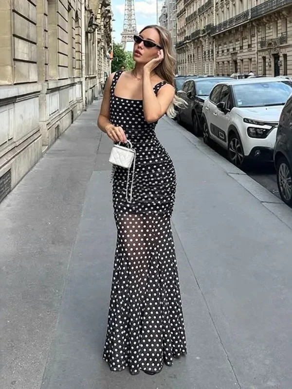 Chic Black Polka Dot A-Line Dress for Elegant Evenings