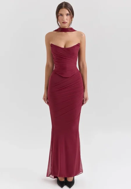 Burgundy Strapless Crop Top & Flowing Maxi Skirt Party Ensemble